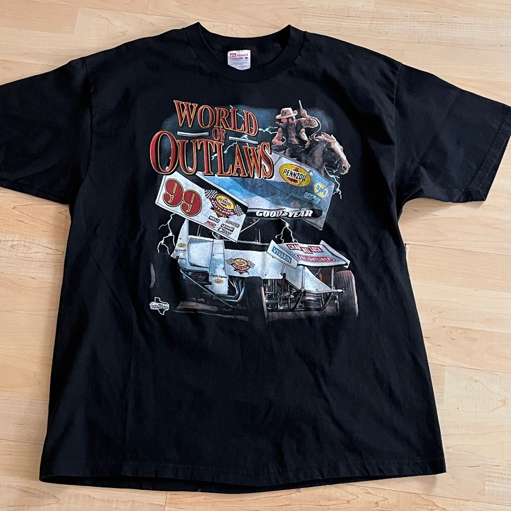 Vintage 1999 World of Outlaws Tour Midget Car Racing Tshirt XL Pennzoil Black